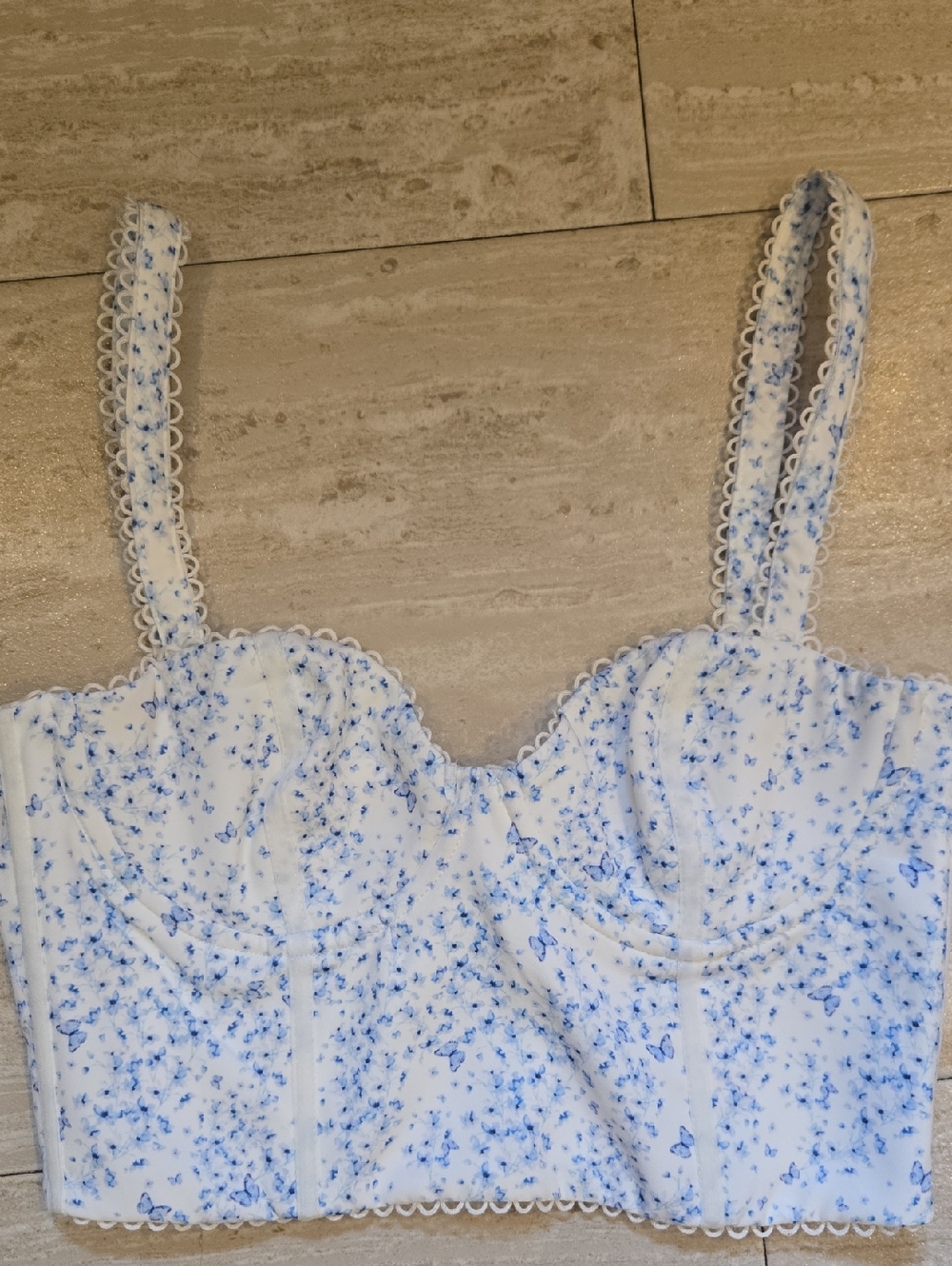 White Fox White/Blue Butterfly Floral Print Back Zipper Corset Crop Top
